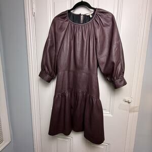 Rebecca Taylor Faux Leather Drop Waist Dress Puff Sleeve Plum Size 8